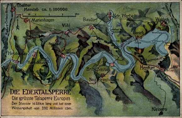 Postcard Waldeck am Edersee Hessen, Edertalsperre, overview map of the surrounding area