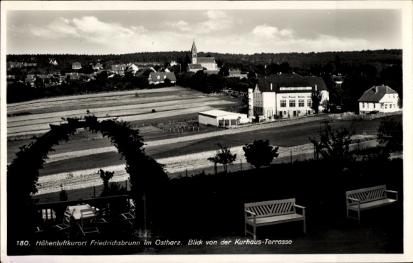 Friedrichsbrunn Thale in the Harz Mountains, a health resort with high altitude, view from the spa hotel terrace, landscape