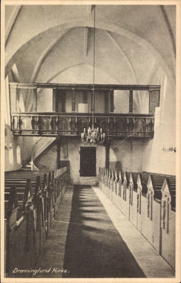 Postcard Dronninglund Denmark, Dronninglund Church, interior view, pews, gallery, chandeliers
