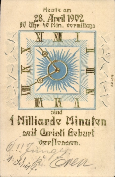 Mint Postcard One Billion Minutes Since Christ's Birth, April 28, 1902, 10:40 a.m.