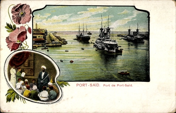 Passepartout Postcard Port Said Egypt, port, German warships, battleships