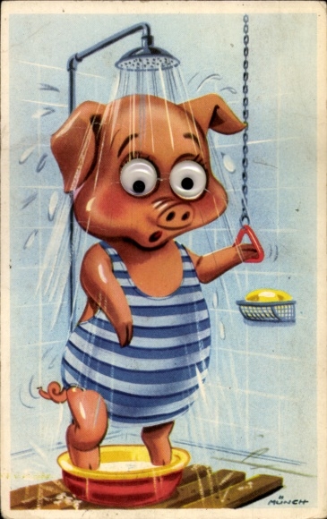 Googly eyes artist Postcard Münch, pig in the shower, humanized