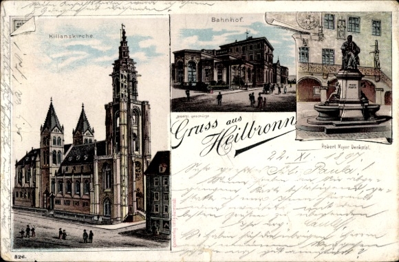 Chromo-Litho Heilbronn am Neckar, Kilianskirche, train station, Robert Mayer monument