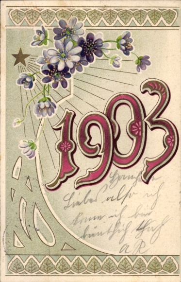 Postcard Altfriedstein Niederlößnitz Radebeul, New Year's card with floral Art Nouveau motif and the J...