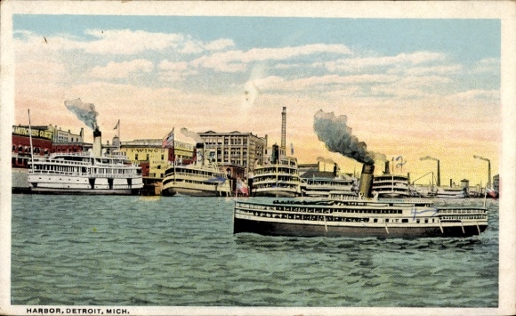PC Detroit Michigan USA, harbor view, steamships, colored illustration, calm water surface