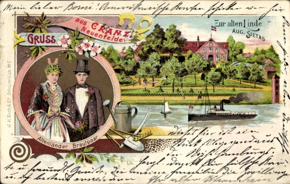 Chromo-Litho Hamburg Harburg Cranz Neuenfelde, Zur alten Linde, owner Aug. Sietas, Altenländer bridal couple