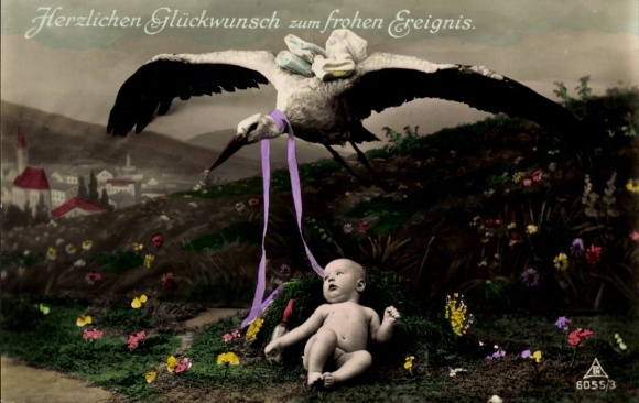 Postcard Congratulations Birth, Stork, Baby