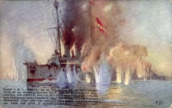 Artist AK Austrian warship, SMS Zenta in battle, Austro-Hungarian Navy