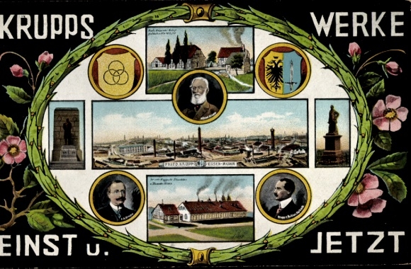 Postcard Essen in the Ruhr area, Friedrich Krupp Works, Alfred Krupp, Krupp v. Bohlen Halbach, Monument