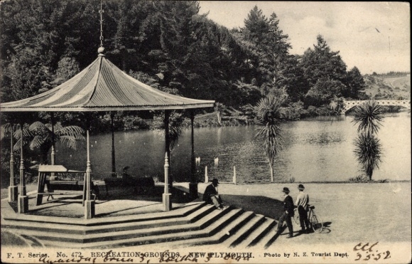 Postcard New Plymouth New Zealand, pond, pavilion, trees, people, photo by NZ Tourist Dept.