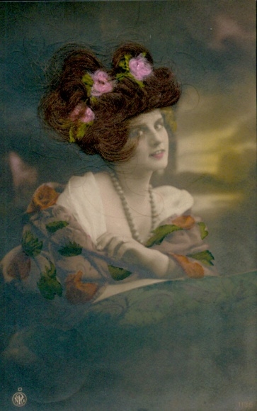 Real Hair Postcard Woman Portrait, Flowers, Pearl Necklace