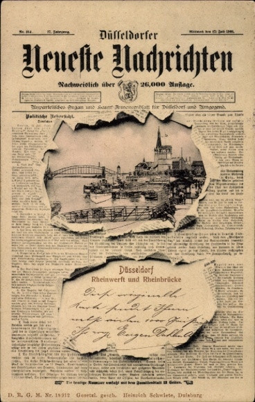 Newspaper Postcard Düsseldorf on the Rhine, Rheinwerft. Rhine bridge, Düsseldorfer Neueste Nachrichten