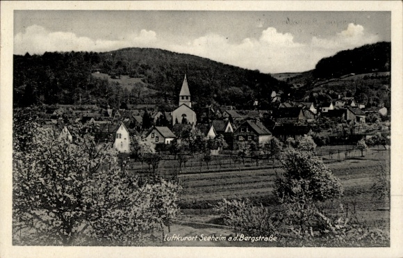 Postcard Seeheim Jugenheim an der Bergstraße, health resort Seeheim ad.Bergstraße, church, houses, trees