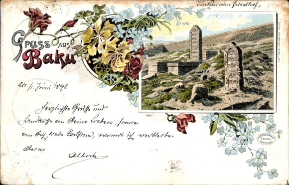 Lithograph Baku Azerbaijan, Tartar Cemetery