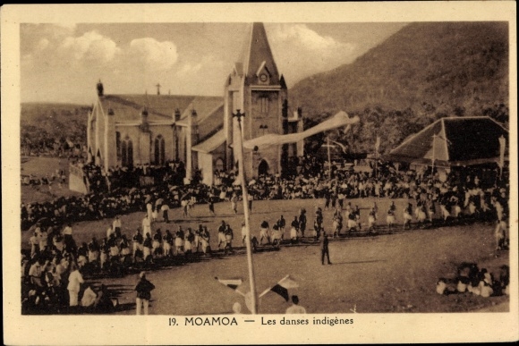 Postcard Moamoa Apia Samoa Ozeanien, Indigenous dances, Traditional Tanz, Kirche