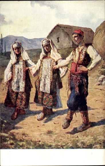 Artist Postcard Meneghello-Dincic, V., Folk Dance Kolo, Kosovo, Dalmatia