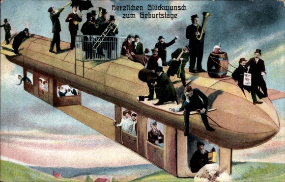Postcard Congratulations Birthday, Passengers, Airship, Zeppelin