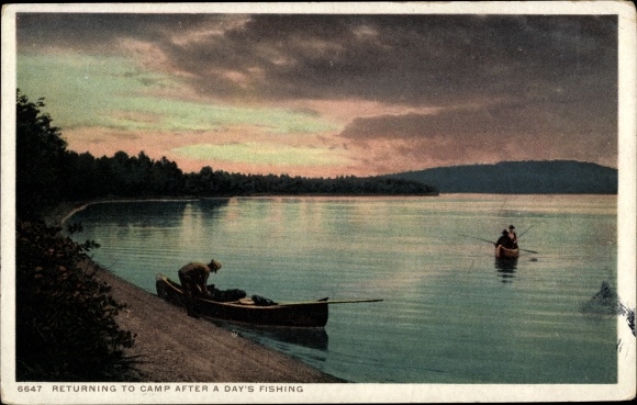 Postcard Maine USA, returning to camp after a day of fishing