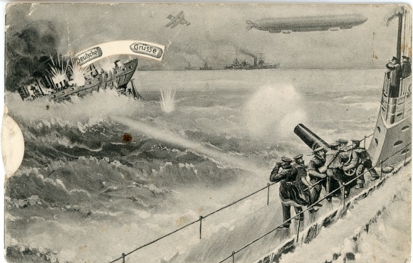 Mechanical Postcard German warships in the naval battle, bombardment, Zeppelin airship