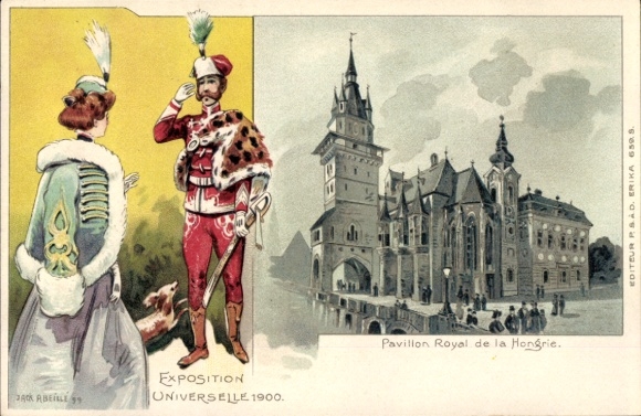 Artist's lithograph by Jack Abeille, Paris, World's Fair 1900, Royal Pavilion of Hungary