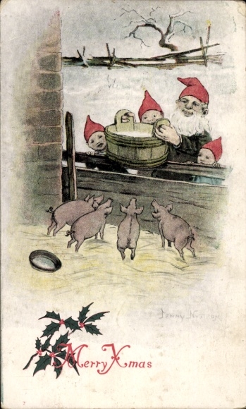 Artist Chromo-Litho Nyström, J., Dwarfs feeding pigs, pigsty