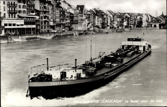 Postcard motor tanker Caucasia, off Basel, PHs. Van Ommeren NV: