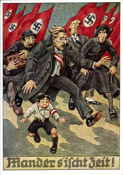 Judaica Artist Postcard Köck, F., Mander s'ischt Zeit, Fleeing Jews, Kurt von Schuschnigg