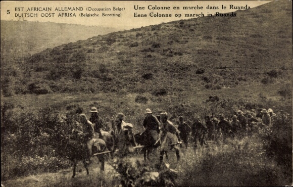 Postal stationery PC German East Africa Rwanda, a column in motion, Belgian occupation