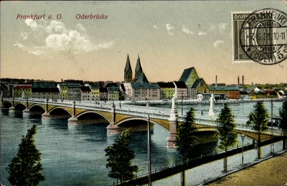 Frankfurt an der Oder, Oder Bridge, river, bridge, houses, trees