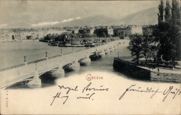 Postcard Genève Geneva Switzerland, bridge, river, cityscape, trees