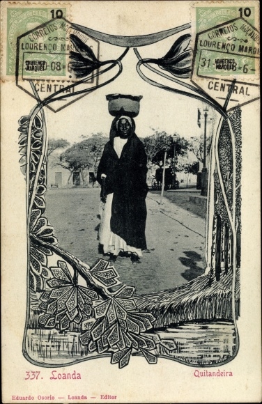 Postcard Luanda Loanda Angola, Quitandeira, Woman carries basket on her head