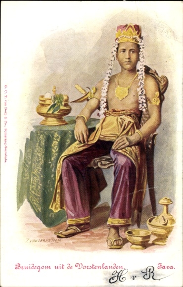 Artist Postcard Java Indonesia, groom from royal lands