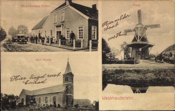 Postcard Westrhauderfehn Rhauderfehn East Frisia, Catholic Church, Windmill, Commercial Building