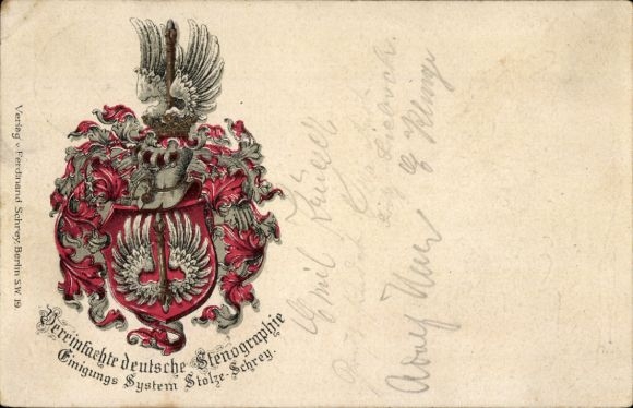 Coat of arms Postcard Simplified German Stenography, Unification System Stolze-Schrey