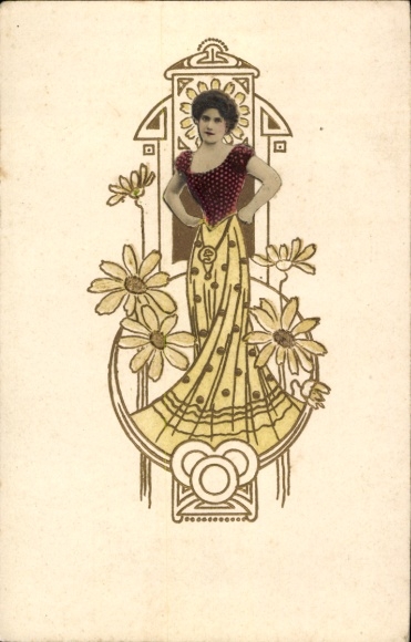 Art Nouveau artist, portrait of a woman, floral ornaments