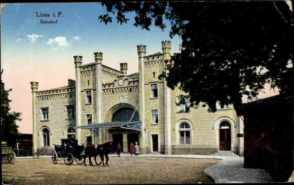 Postcard Lissa Leszno Poznań Posen, train station, street side