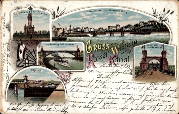 Lithograph Holtenau Kiel, Kaiser Wilhelm Canal, Levensau High Bridge, Lighthouse, Lock