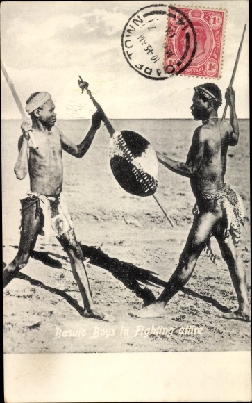 Postcard Lesotho, Basuto Boys in Figthing attire, African warriors
