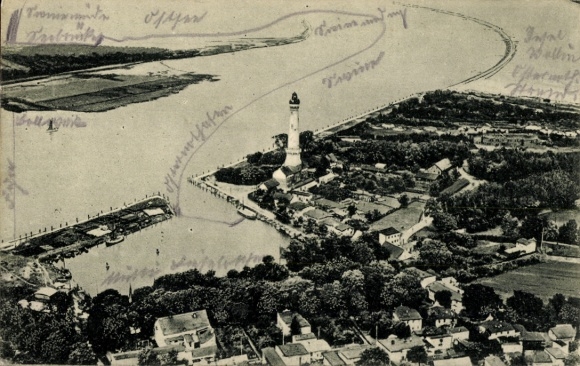 Postcard Chorzelin Osternothafen Świnoujście Swinemünde Pomerania, aerial photograph with lighthouse