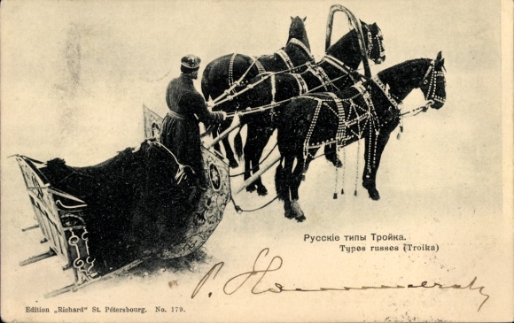 Postcard Happy New Year, sleigh team, man in Russian folk costume