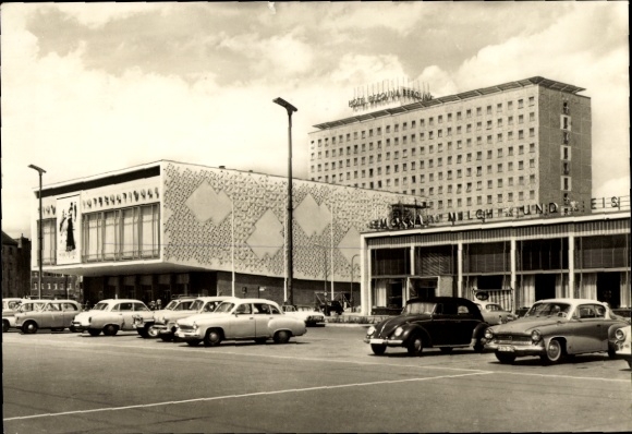 Postcard Berlin Mitte, Kino International and Hotel Berolina, film poster, The Serf Actress