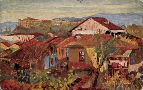 Artist Postcard Michailoff, Skopje Üsküb Macedonia, Balkan views, houses, colonial war thanks