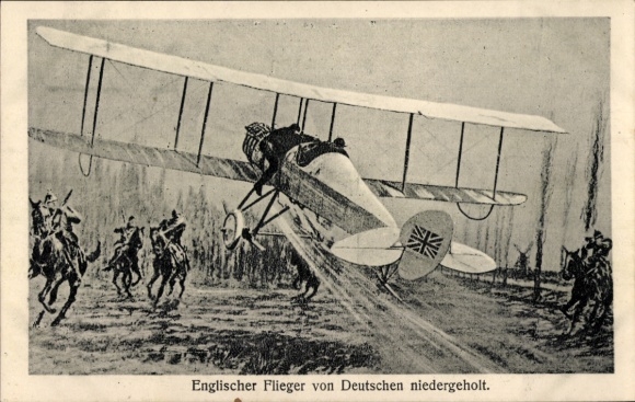 Artist Postcard English airman shot down by Germans, WWI