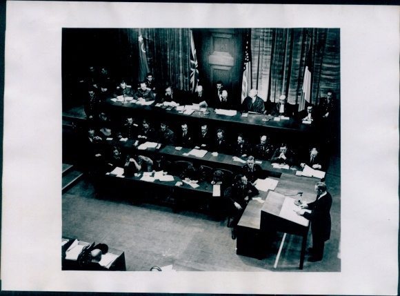 Photo Nuremberg Trials, opening hearing, Volchkov, Nikitchenko, Birkett, Biddle, Parker