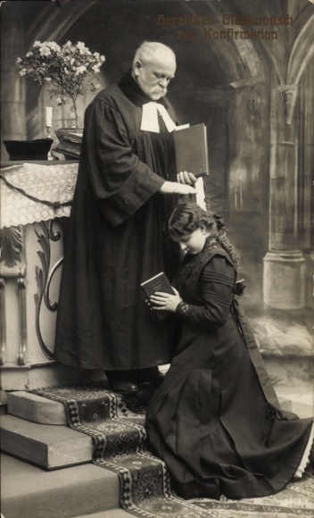 Postcard congratulations confirmation, girl in front of the priest