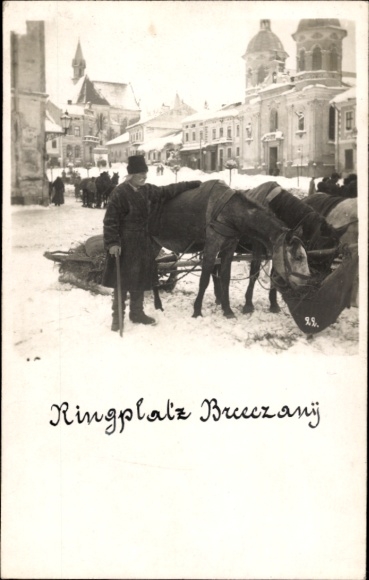 Photo Postcard Bereschany Brzezany Ukraine, Ringplatz, Winter, Sleigh Team