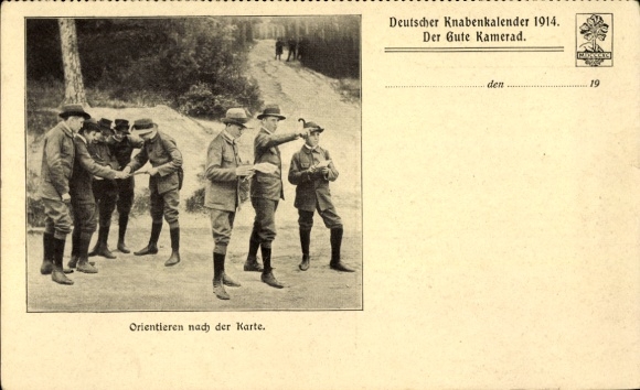 Postcard Scouts, Orientation by Map, German Boys' Calendar, Good Comrade