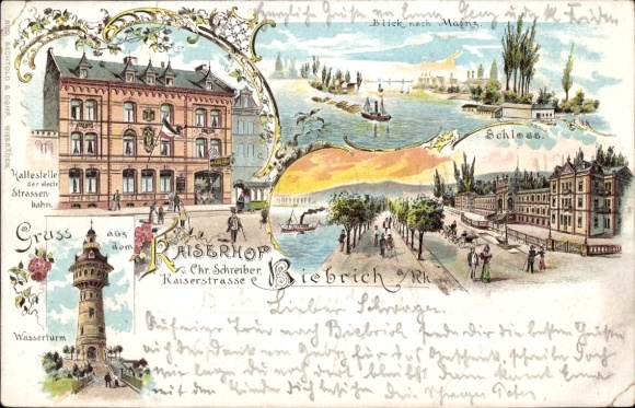 Postcard Biebrich am Rhein Wiesbaden, Kaiserhof, Schloss, Wasserturm