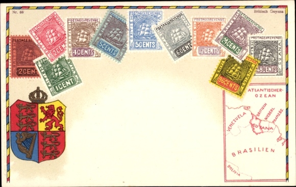 Stamps coat of arms Postcard British Guiana British Guyana, map, cents