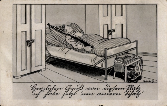 Artist Postcard Barlog, German Wehrmacht, Sleeping Soldier with Rifle, II. World War